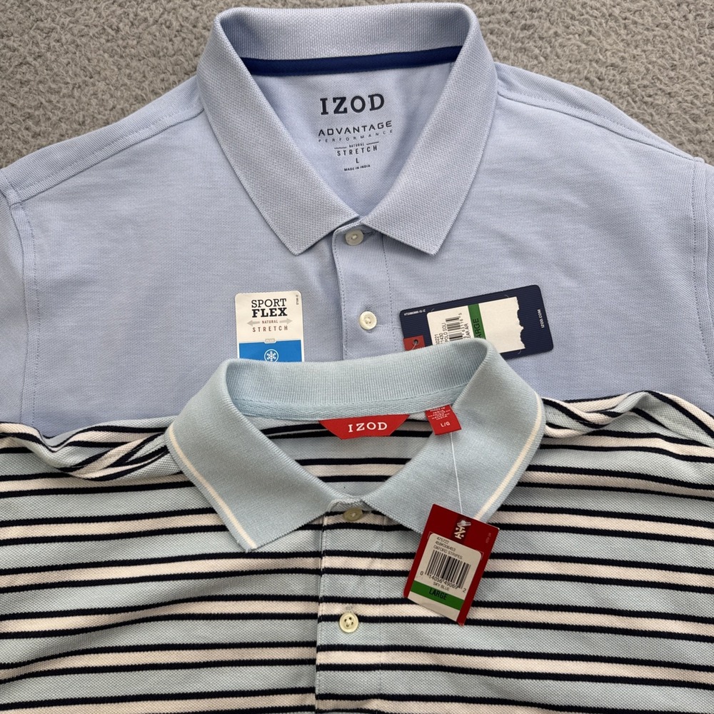 2 (TWO) IZOD Polo Golf Shirt Mens Large Sport Flex Stretch Oxford Stripe Blue